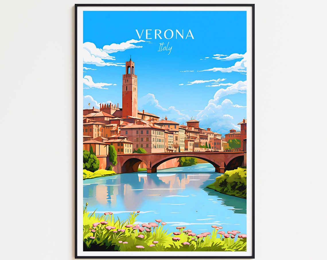 Verona Italy River Bridge and Brick Tower Under Blue Sky Poster