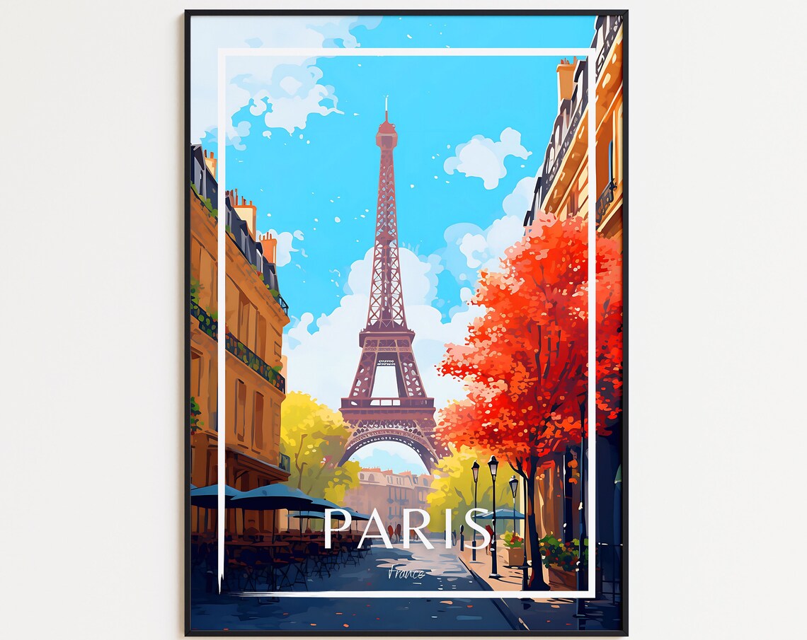 Paris France Eiffel Tower Autumn Street Cafes Vintage Travel Poster