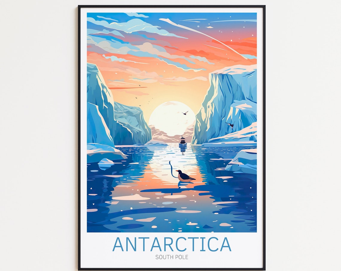 Antarctica South Pole Icebergs Ship Sunset Vintage Travel Poster