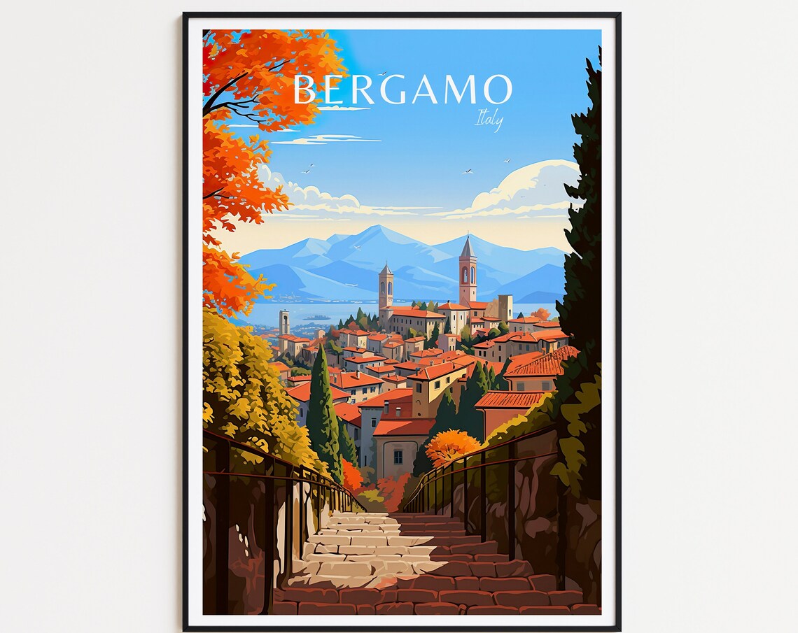 Bergamo Vintage Travel Poster, Italy Travel Print
