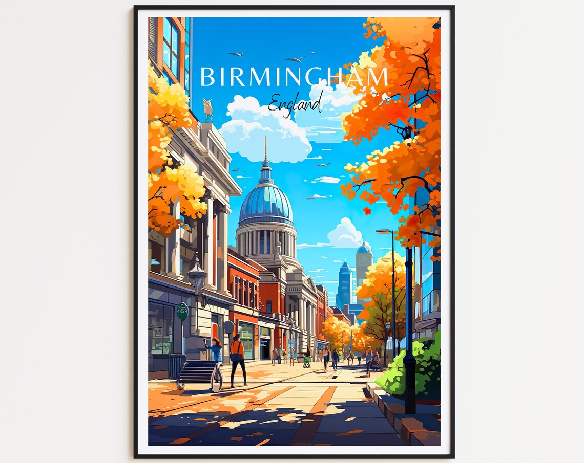 Birmingham England Grand Dome Historic Street Autumn Travel Poster