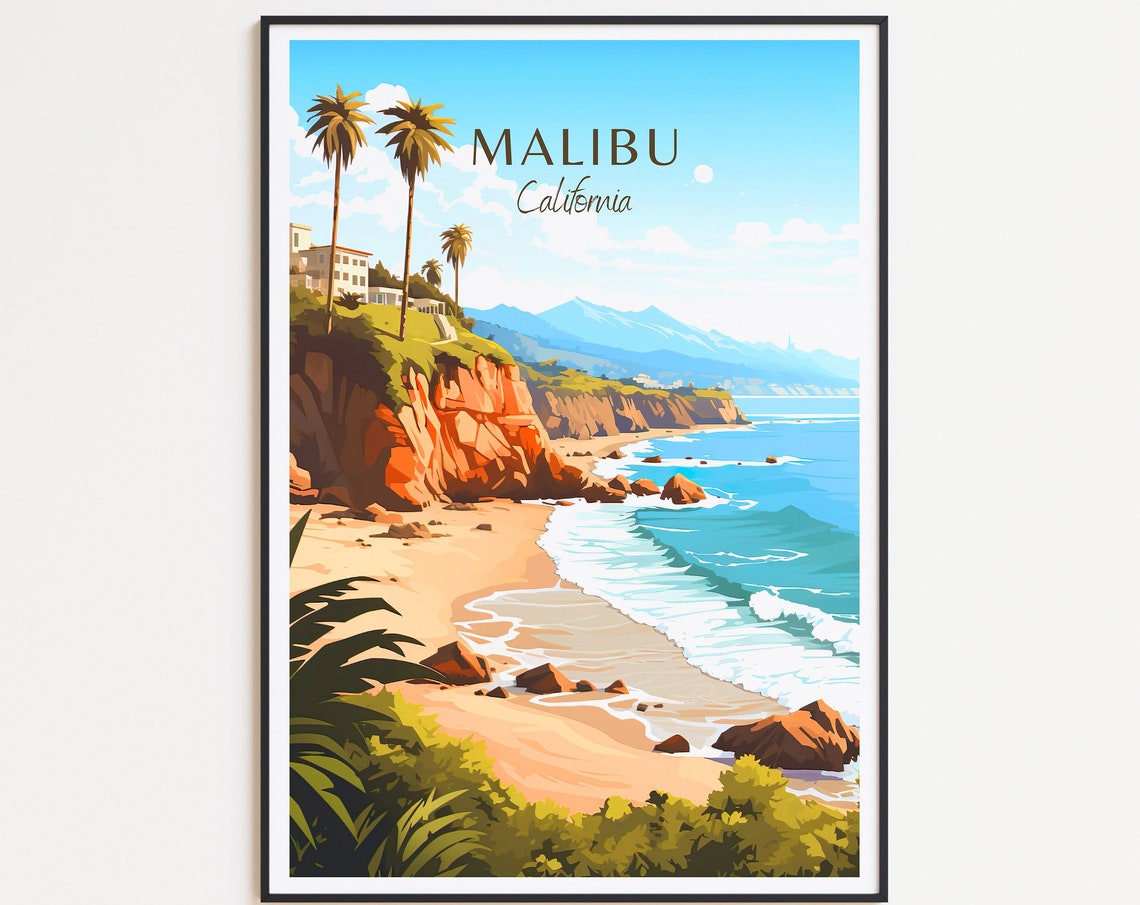 Malibu California Red Cliff Beach Pacific Waves Travel Poster