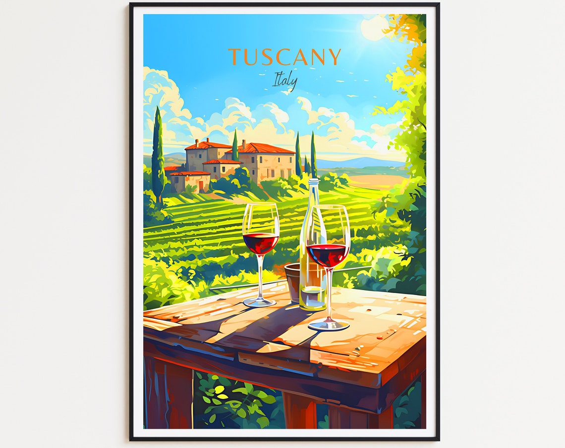 Tuscany Italy Vineyard Terrace with Wine Glasses and Villa Poster