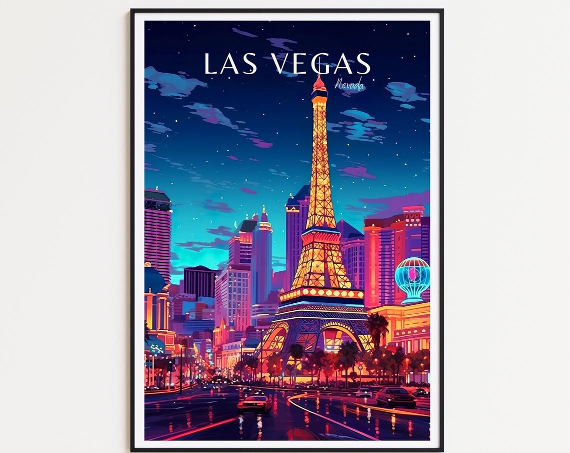 Las Vegas Nevada Eiffel Tower Strip Night Lights Vintage Travel Poster