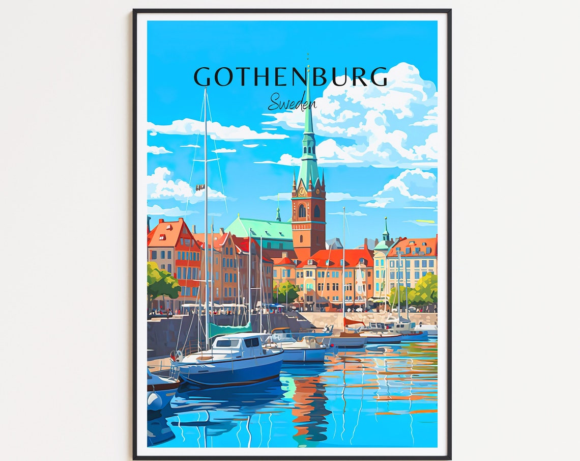Gothenburg Sweden Travel Poster Harbor Boats Church Tower Waterfront