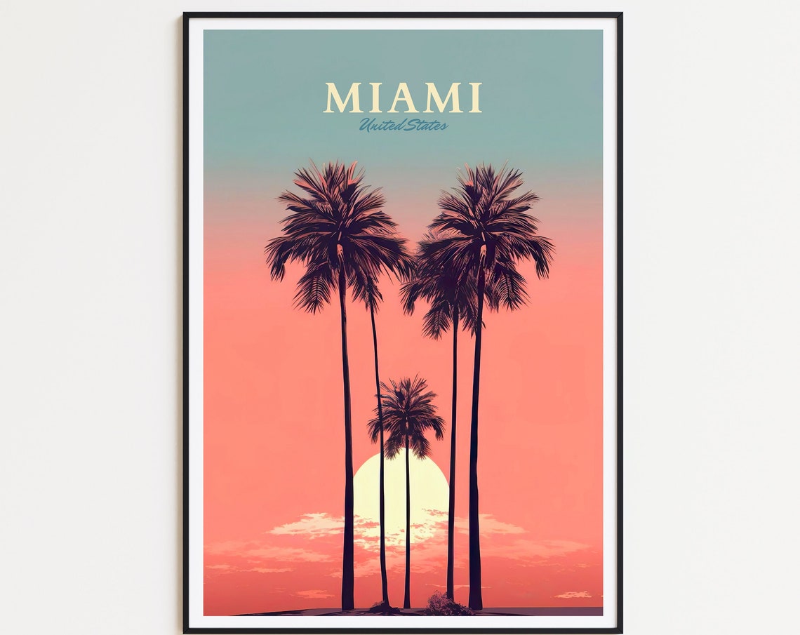 Miami United States Palm Trees Pink Sunset Sky Vintage Art Poster