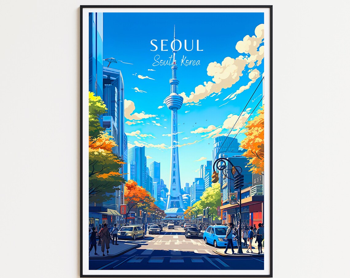 Seoul South Korea Travel Poster City Street N Seoul Tower View Art