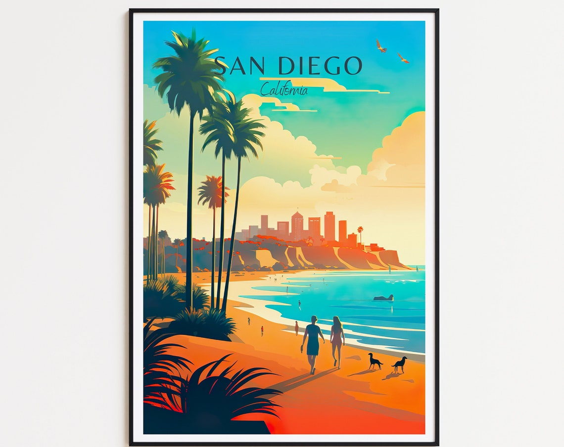San Diego California Beach Palms Skyline Sunset Walk Art Poster