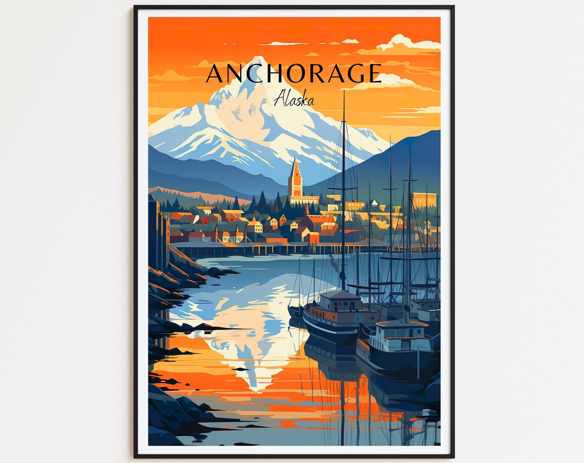 Anchorage Alaska Harbor Sunset Snowy Mountain Travel Art Poster