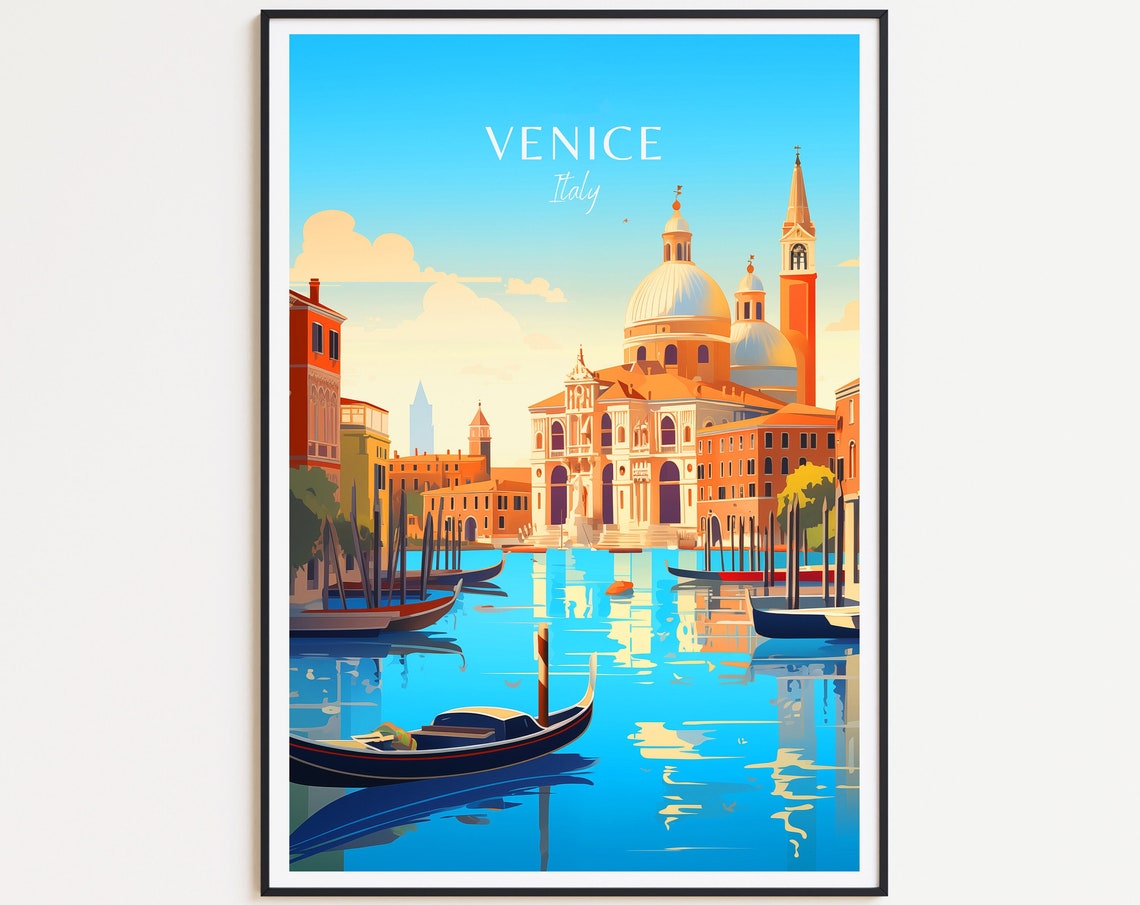 Venice Italy Travel Poster Grand Canal Gondola Basilica Dome View Art