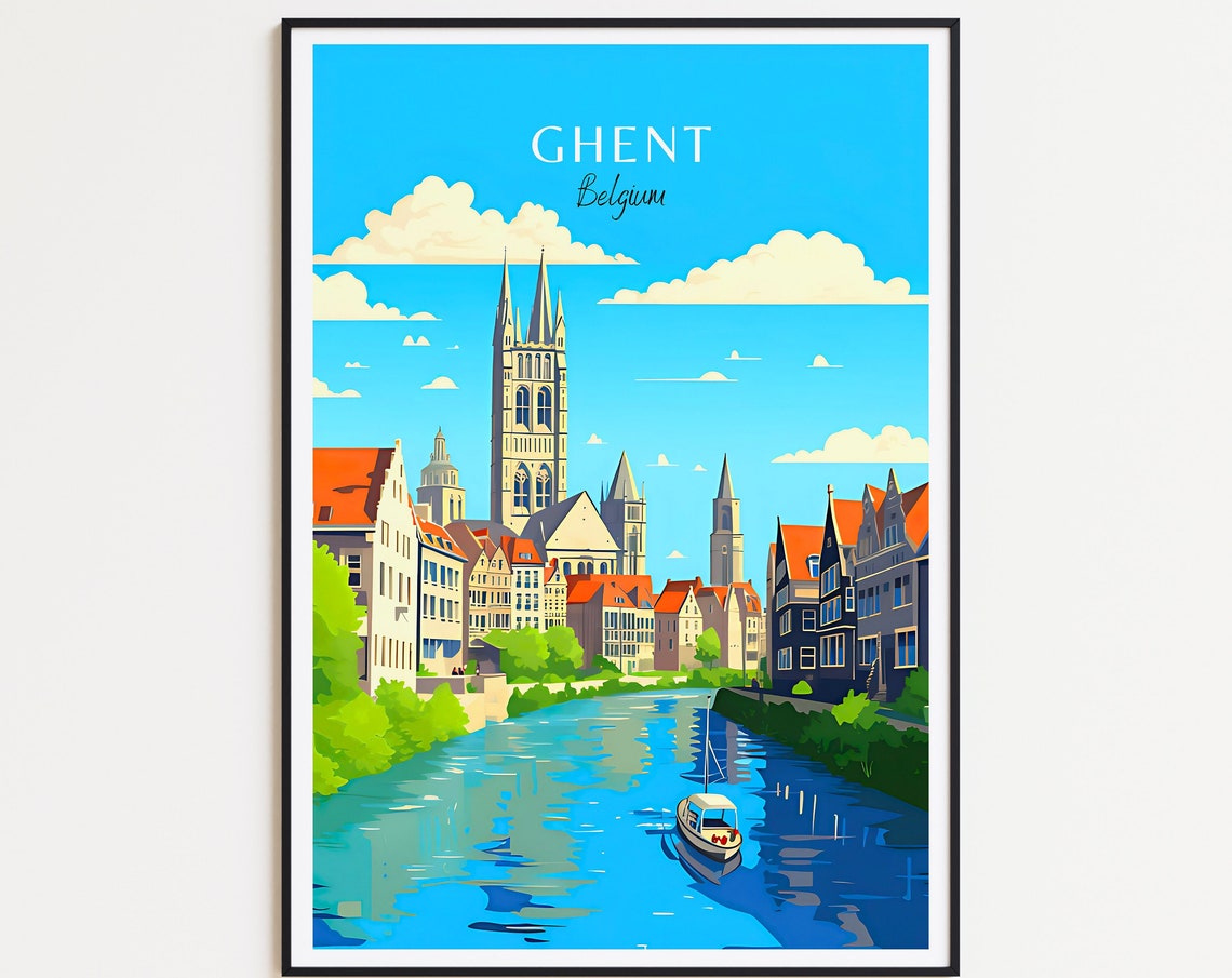 Ghent Belgium Travel Poster Canal Tower Historic Town River Boat Art