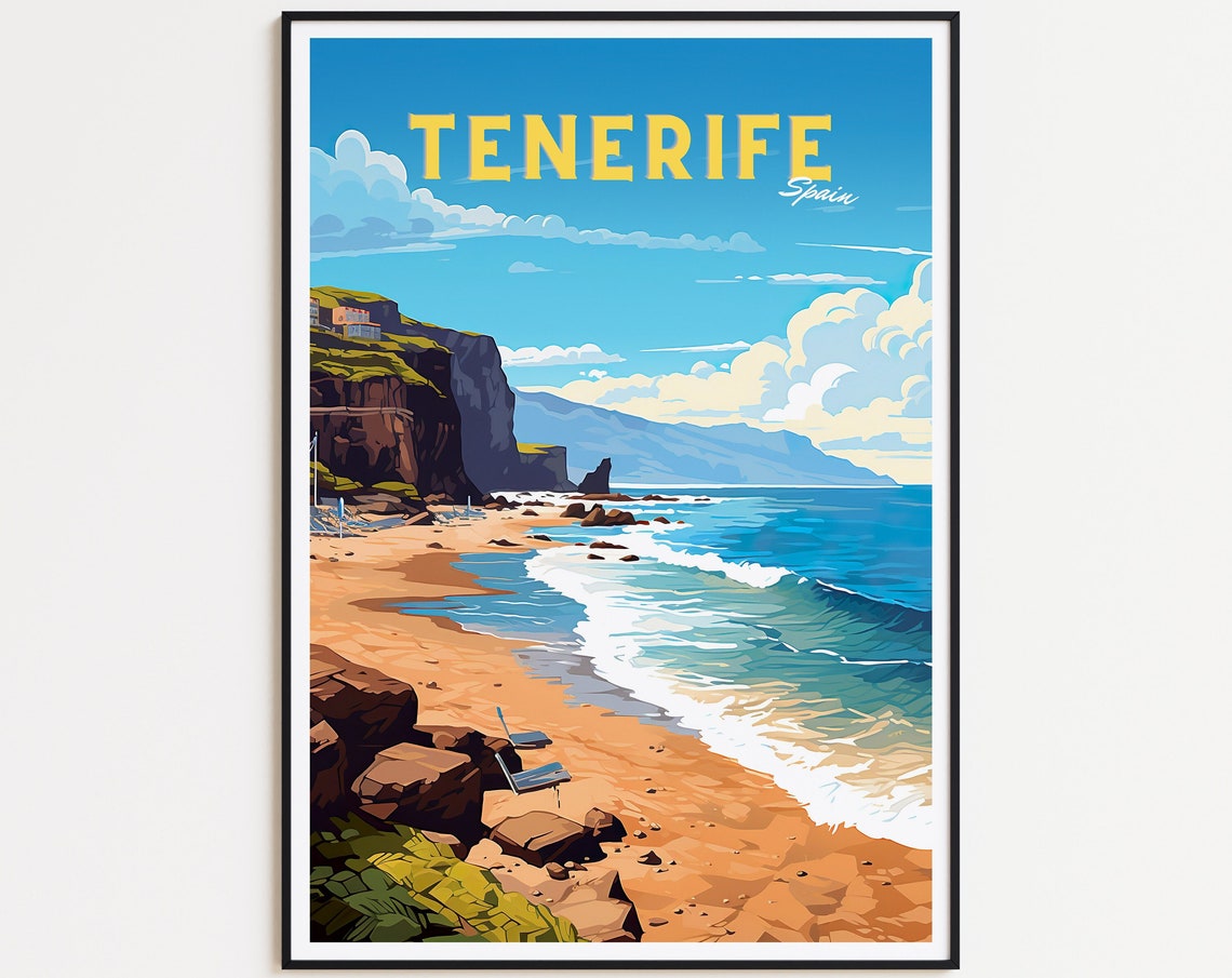 Tenerife Spain Rocky Beach Cliff Coast Blue Ocean Travel Poster