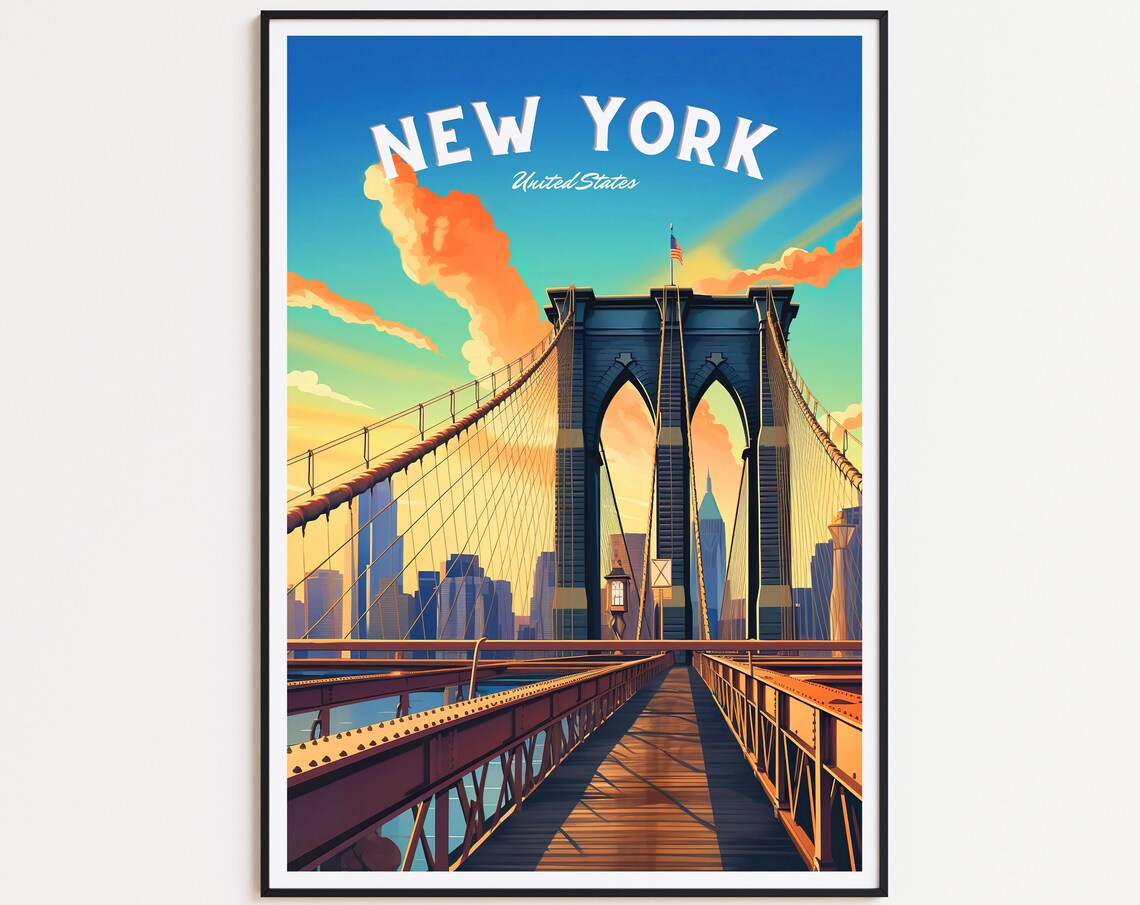 New York Vintage Travel Poster, Brooklyn Bridge