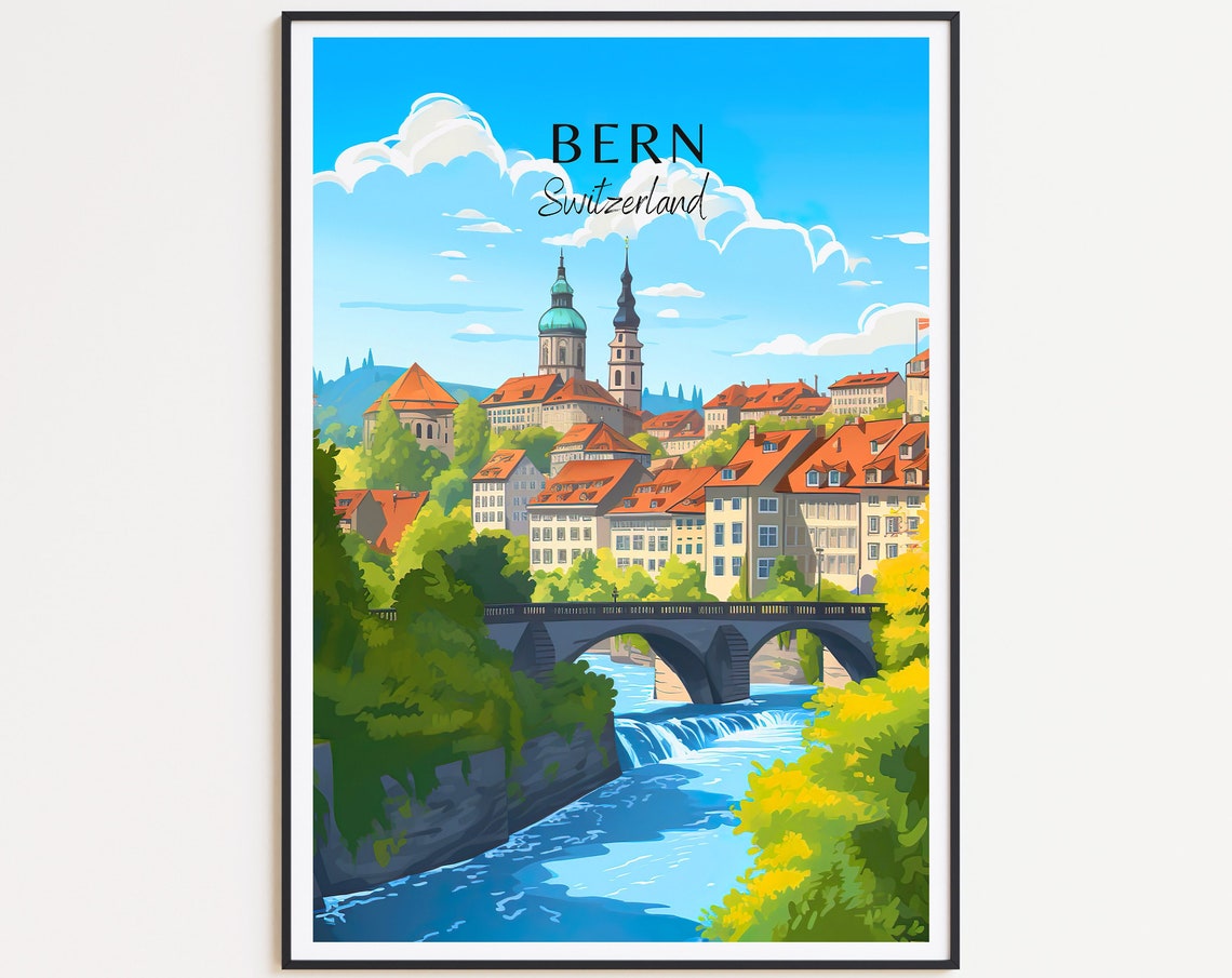 Bern Switzerland Travel Poster Old Town River Bridge Cathedral View
