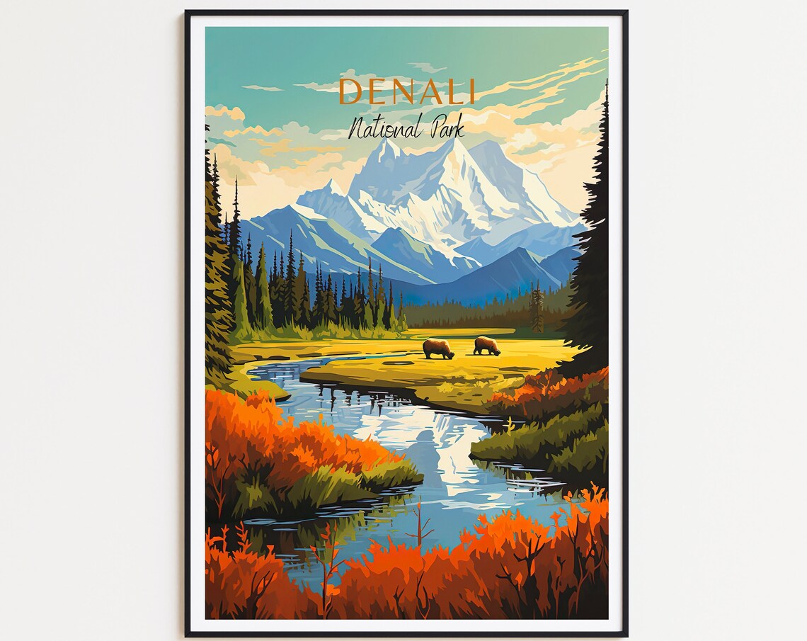 Denali National Park Travel Poster Alaska Snow Peak Wildlife Art