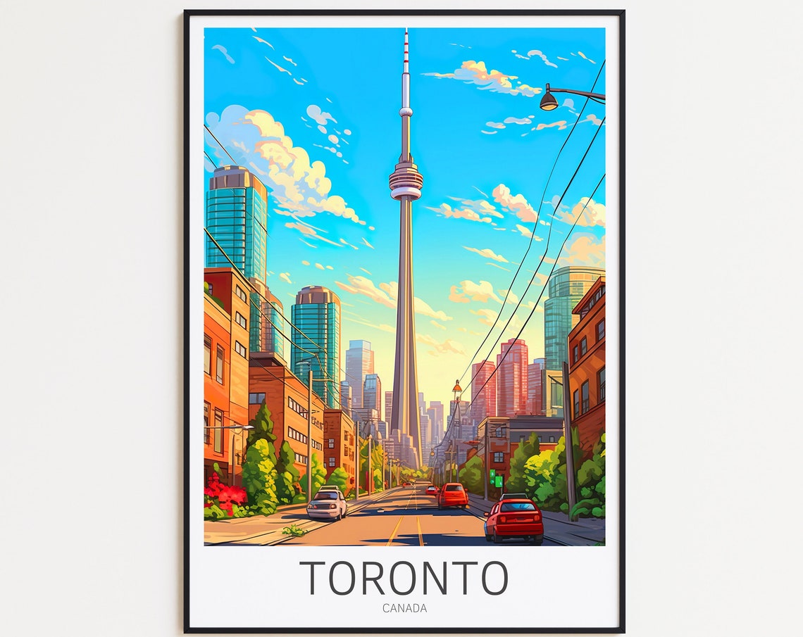 Toronto Canada CN Tower Sunny Street View Downtown Travel Poster