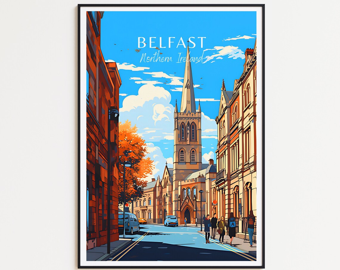 Belfast Northern Ireland Travel Poster City Street Church Spire Art