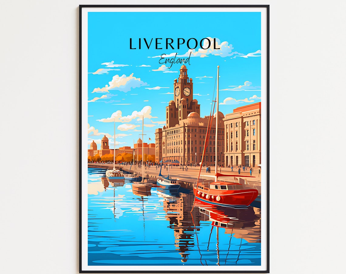 Liverpool England Waterfront Liver Building Boats Travel Poster