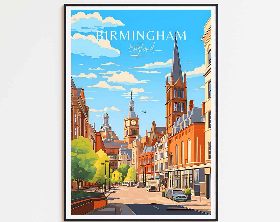 Birmingham England Clock Tower Church Spire Street Travel Poster