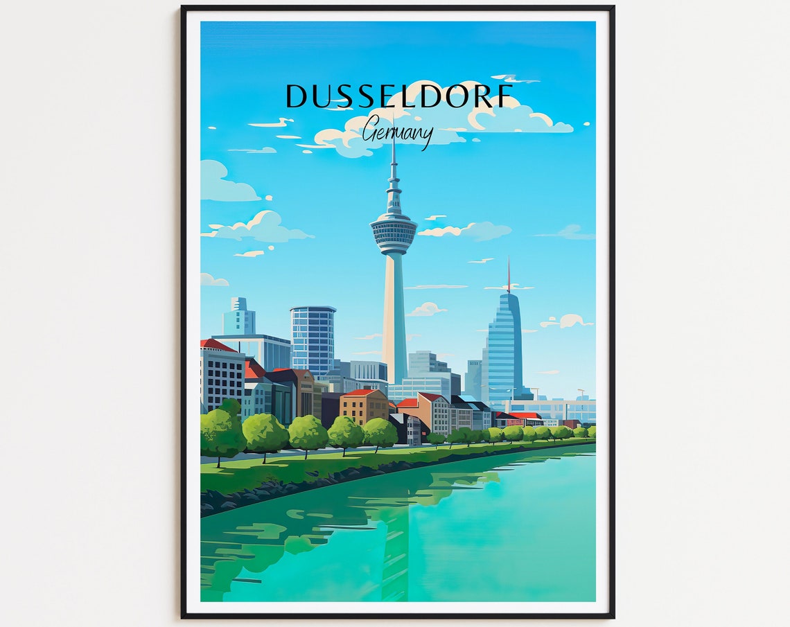 Dusseldorf Germany Travel Poster Rhine Tower Skyline River View Art