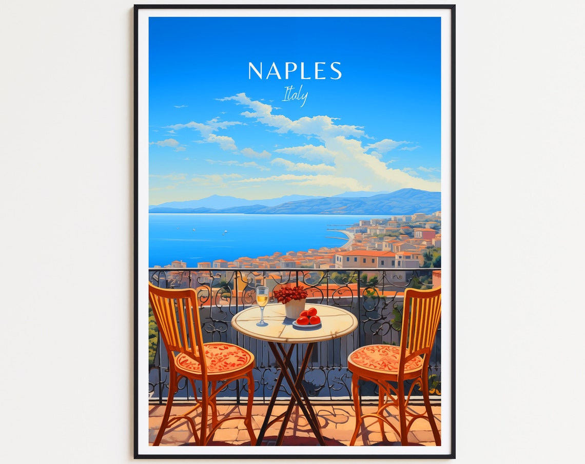 Naples Italy Terrace Bay View Table Chairs Wine Vintage Poster