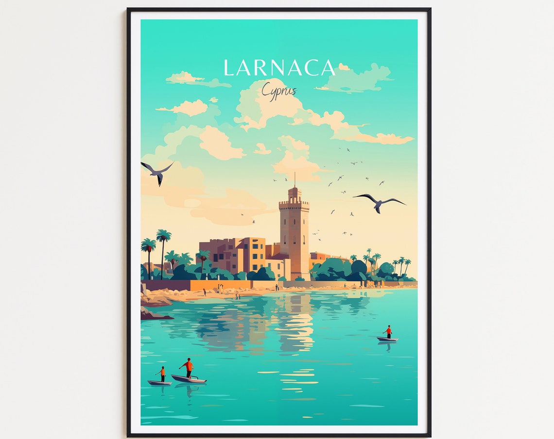 Larnaca Cyprus Castle Coast Seagulls Paddleboarders Sea Poster