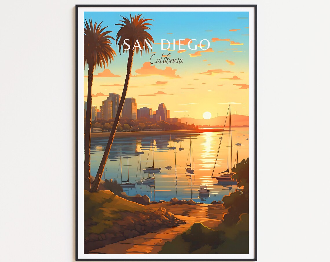 San Diego California Harbor Sunset Sailboats Vintage Travel Poster