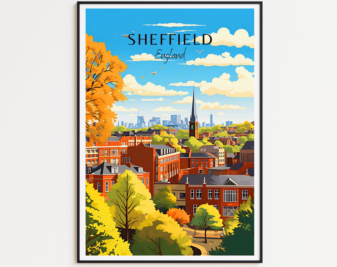 Sheffield England Autumn Cityscape Rooftops Spire Travel Poster