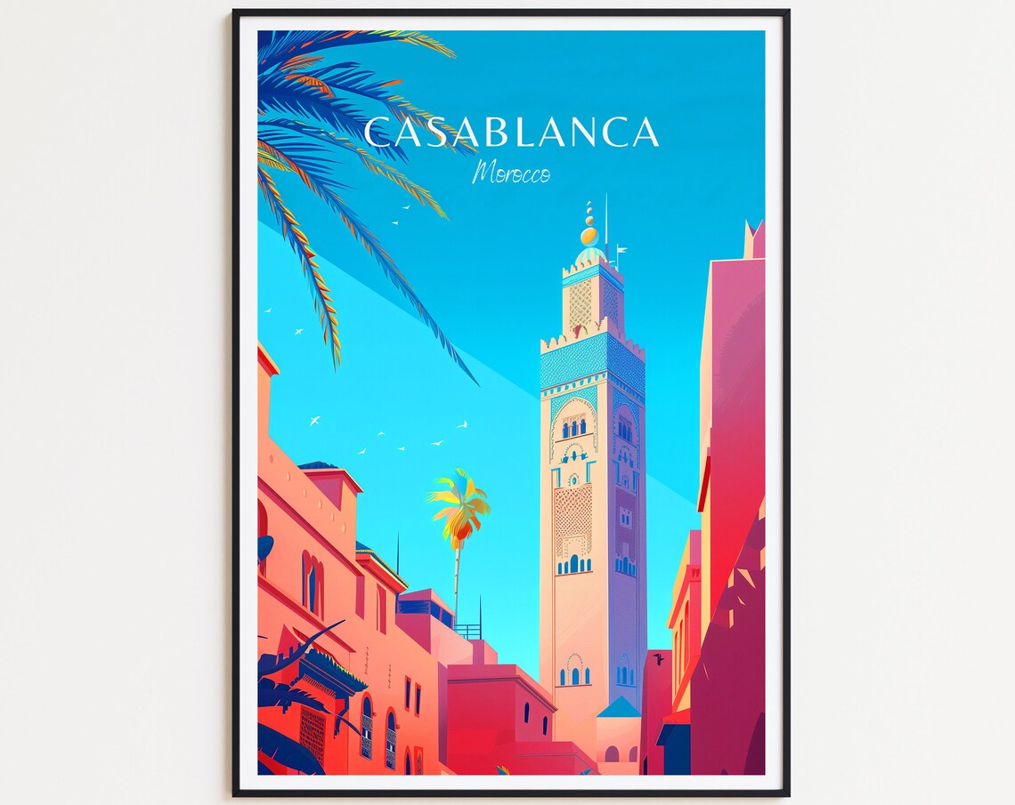 Casablanca Morocco Mosque Minaret Pink Street Travel Art Poster