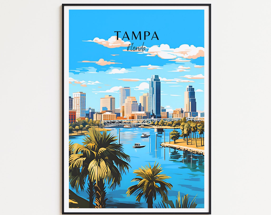 Tampa Florida Downtown Skyline River Palms Illustrated Travel Poster