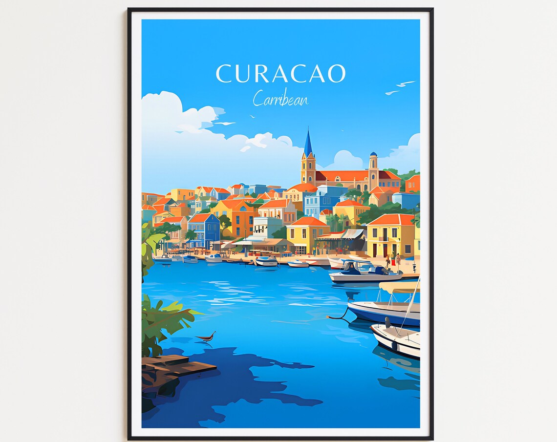 Curacao Caribbean Harbor Colorful Houses Boats Travel Poster
