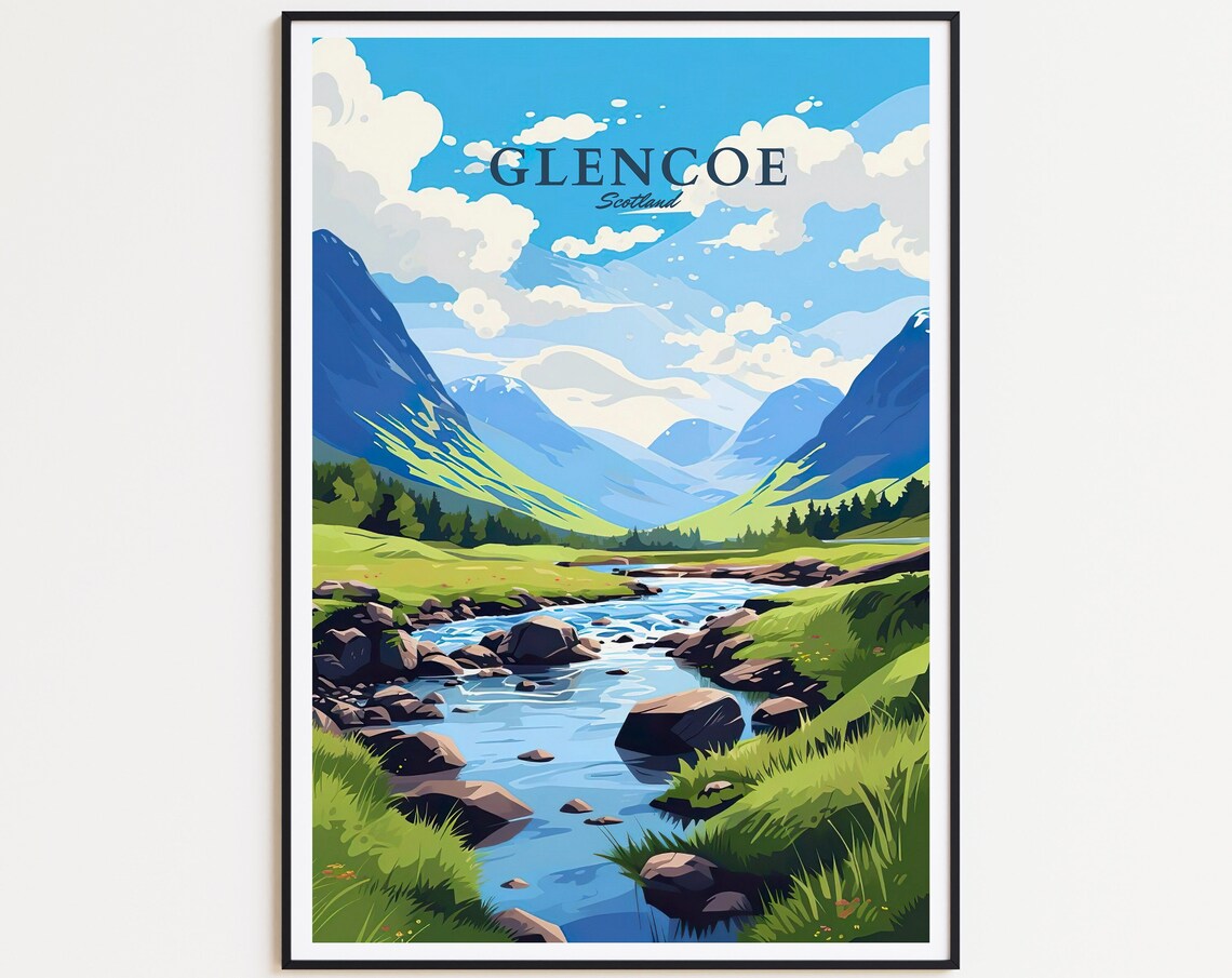 Glencoe Scotland Travel Poster Highland Valley River Mountain View