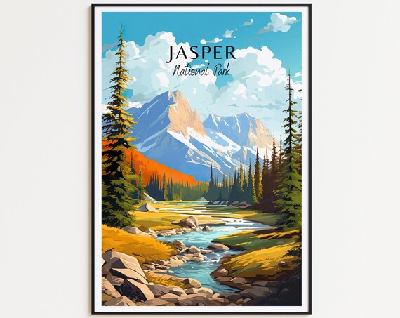 Jasper National Park Mountain Stream Pines Rocky Peak Nature Travel Poster