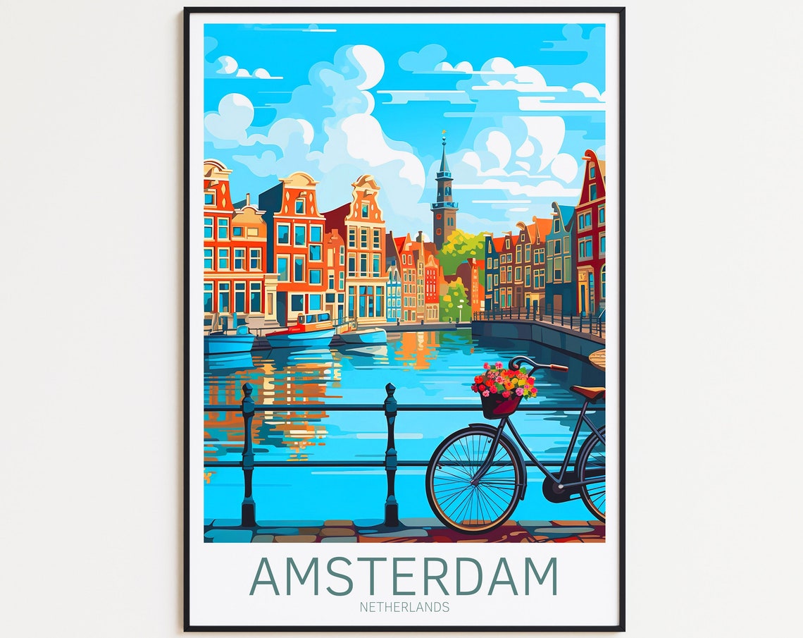 Amsterdam Netherlands Canal Bridge Bike Flowers Old Town Poster