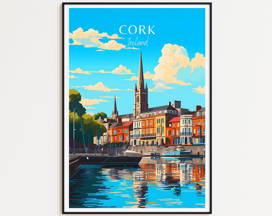 Cork Ireland Colorful Quayside Houses Church Spire Travel Poster
