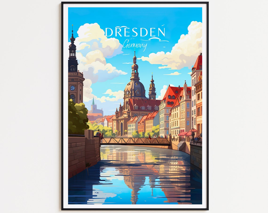 Dresden Germany Old Town Canal Historic Church Skyline Art Poster