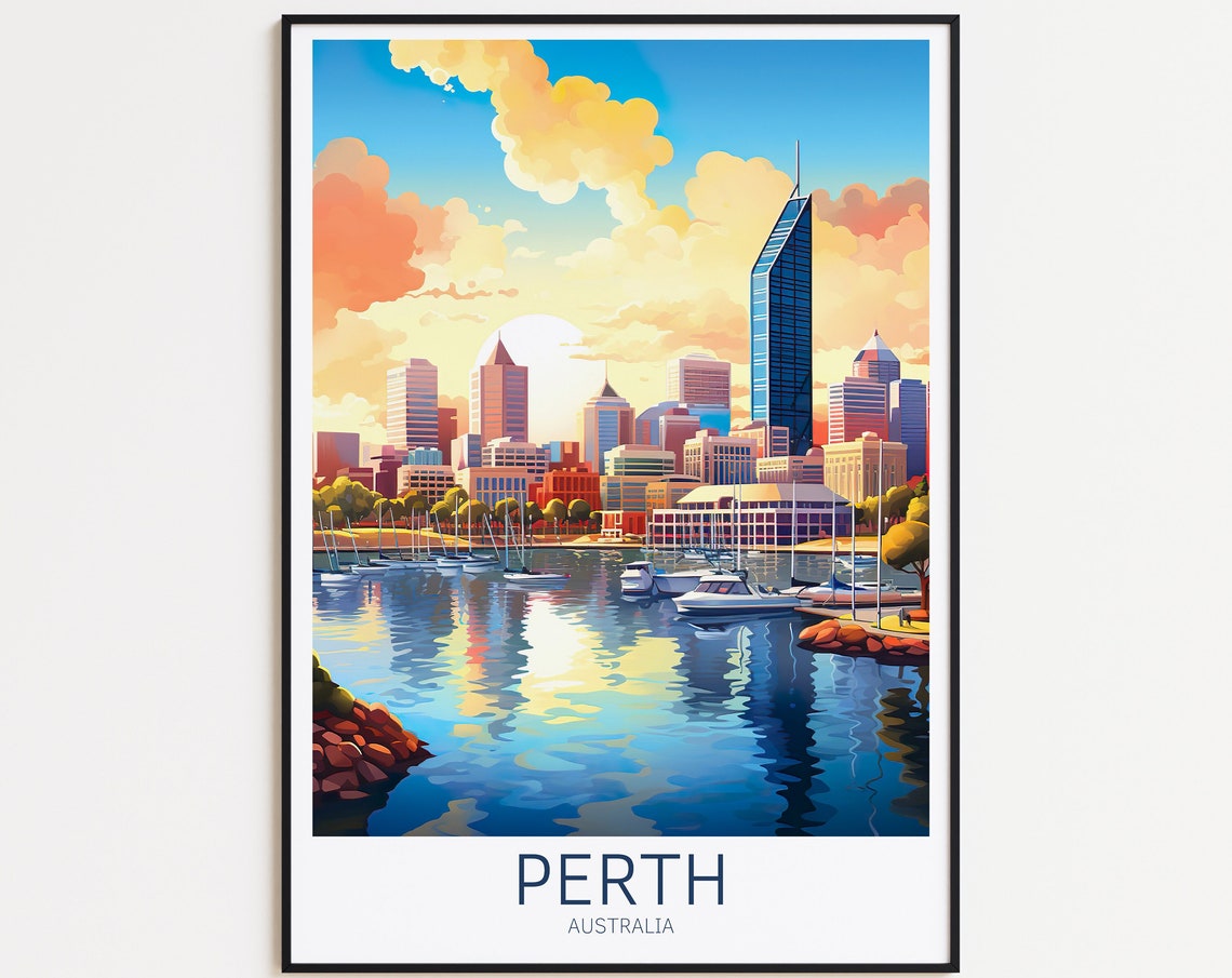 Perth Australia Skyline Swan River Sunset Boats Travel Poster