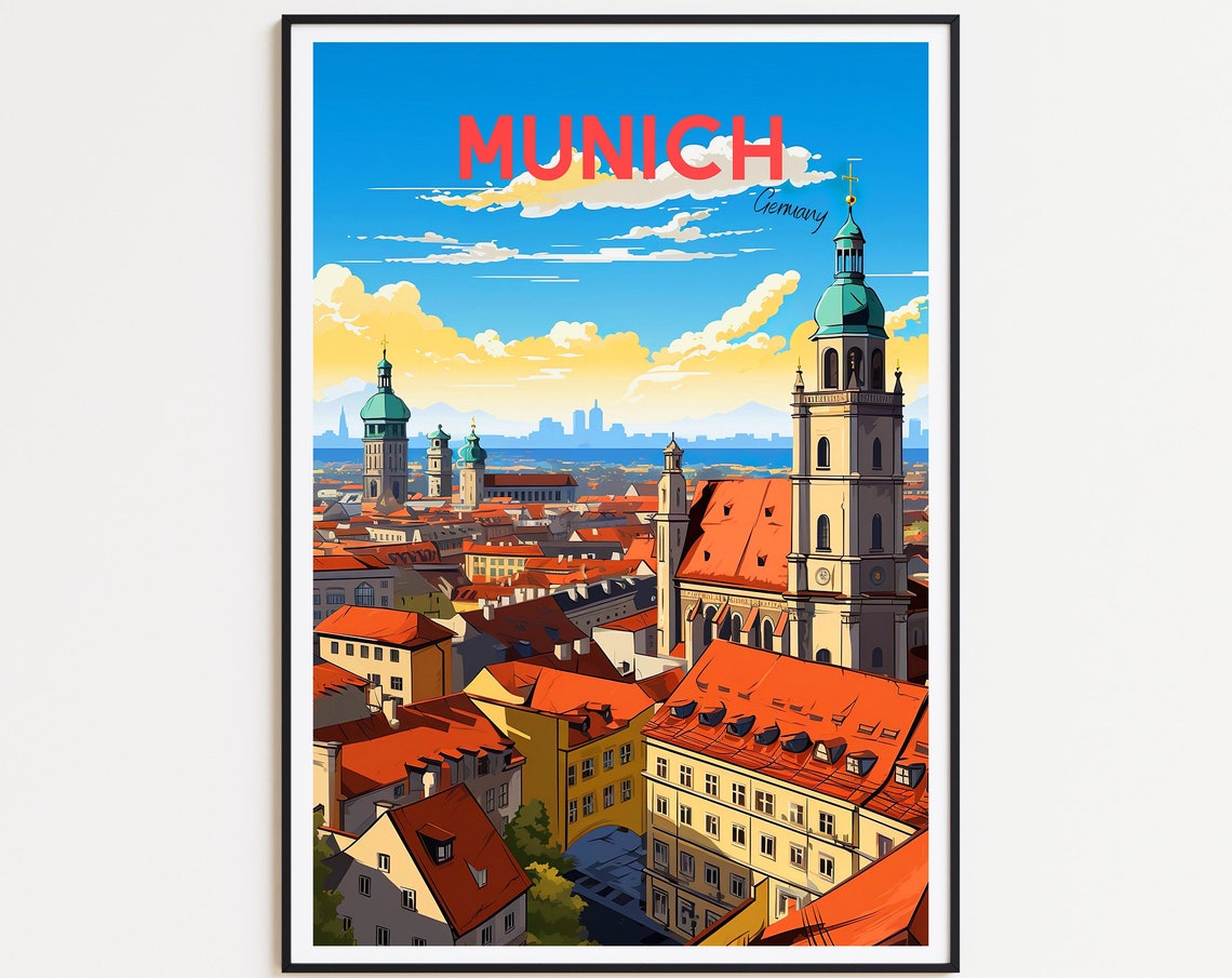 Munich Germany Old Town Red Rooftops Bavarian Church Towers Poster