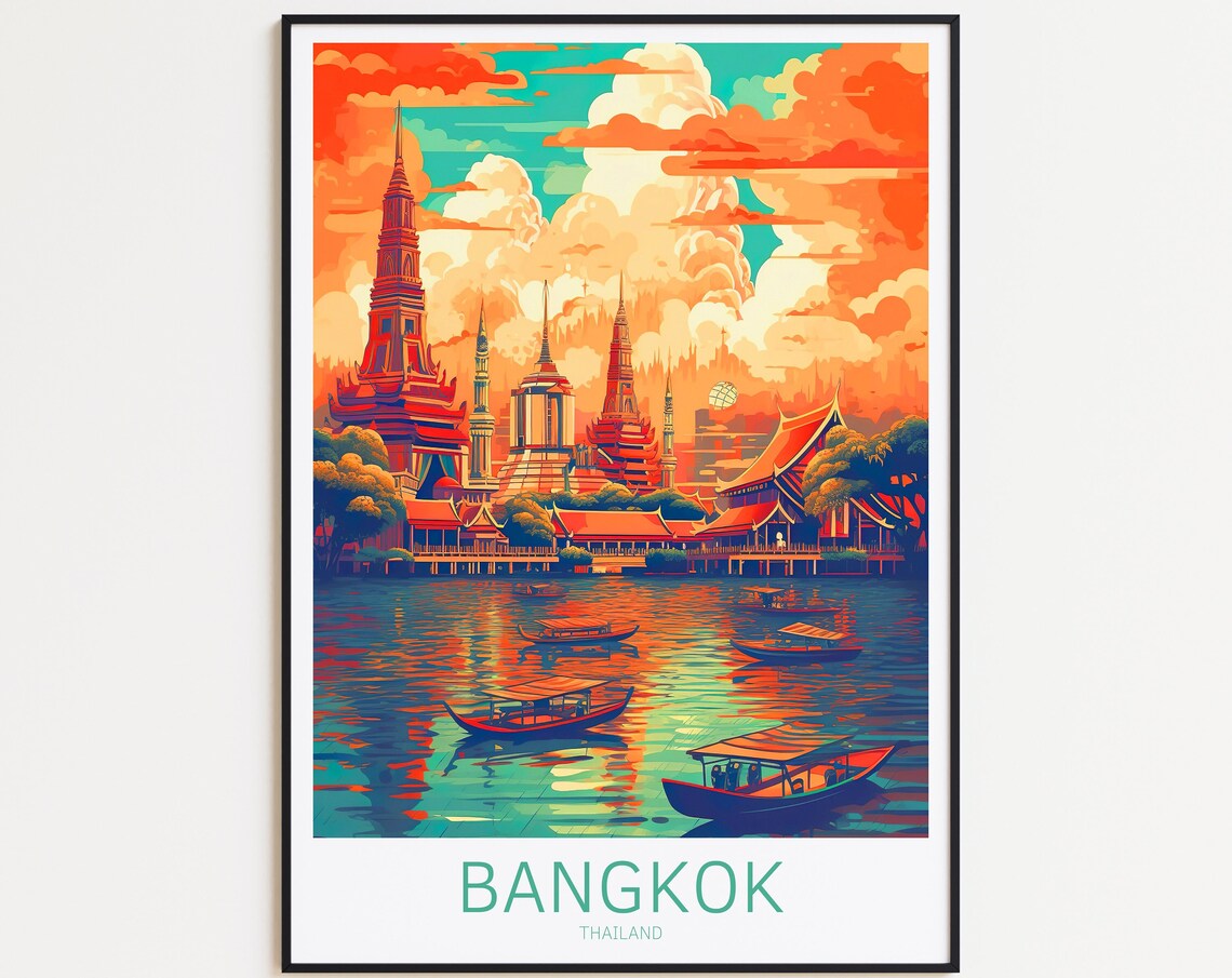 Bangkok Vintage Travel Poster, Thailand City Art Print