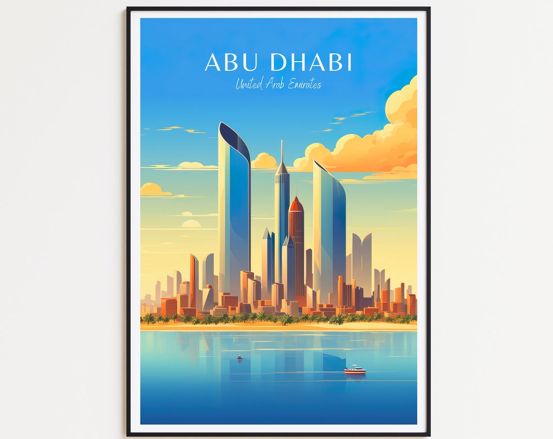 Abu Dhabi UAE Skyline Golden Hour Waterfront Sunset Travel Poster