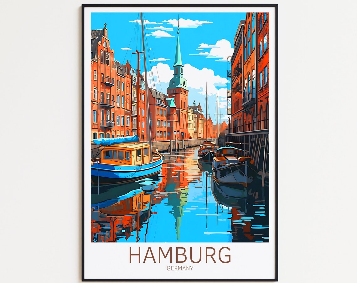 Hamburg Germany Brick Canal Warehouse Boats Vintage Travel Poster