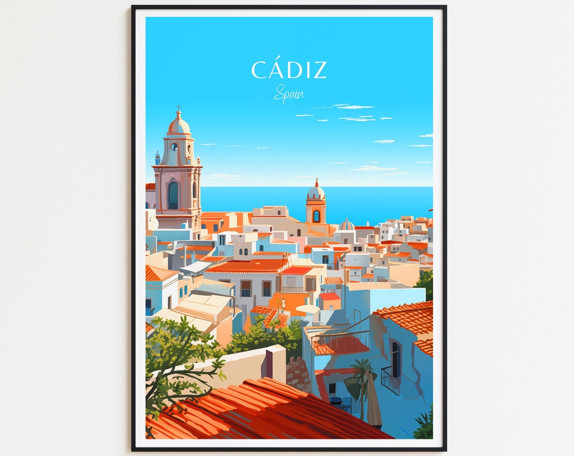 Cadiz Spain Whitewashed Rooftops Church Towers Sea View Travel Poster