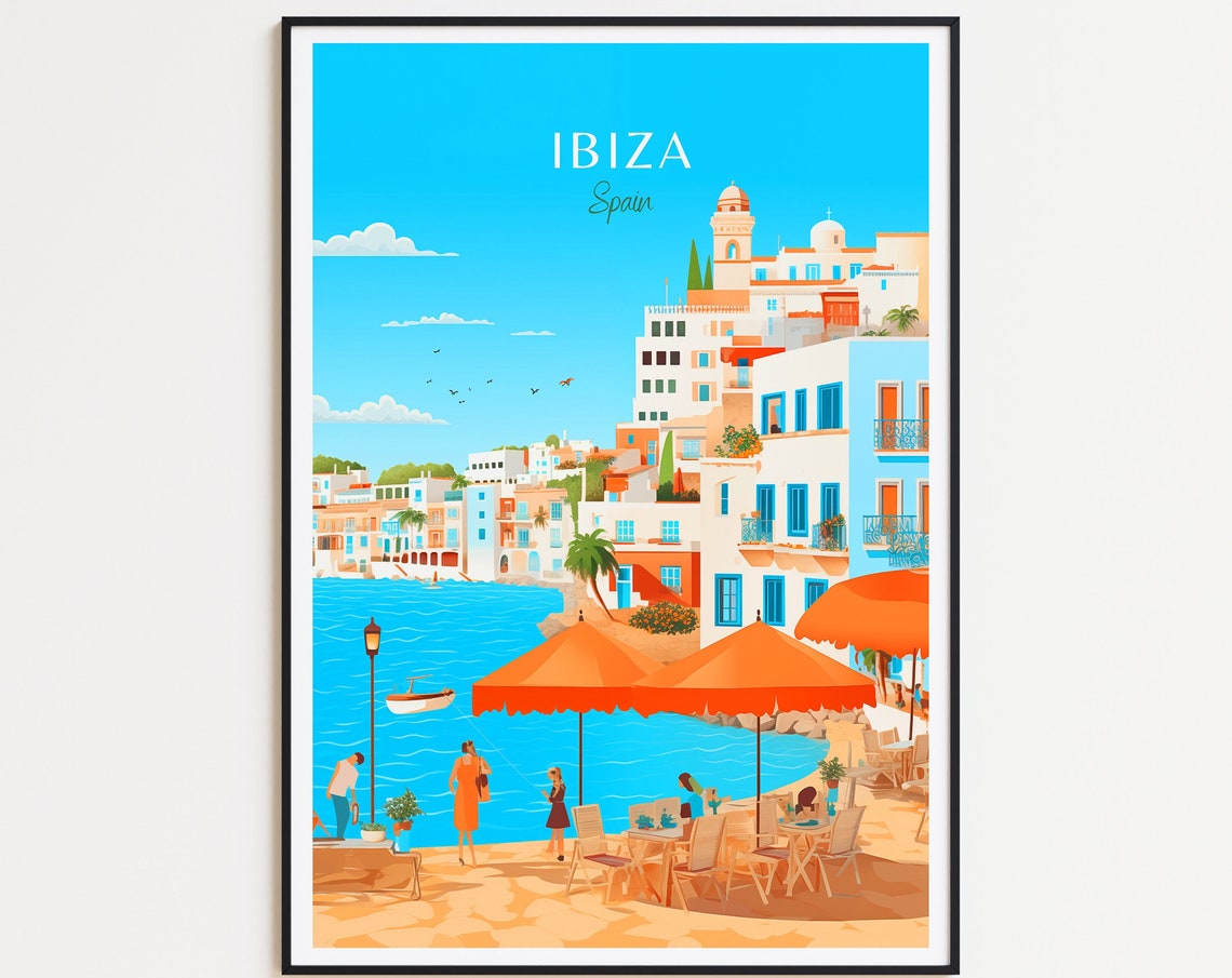 Ibiza Spain Harbor Cafes Orange Umbrellas Seaside Town Poster
