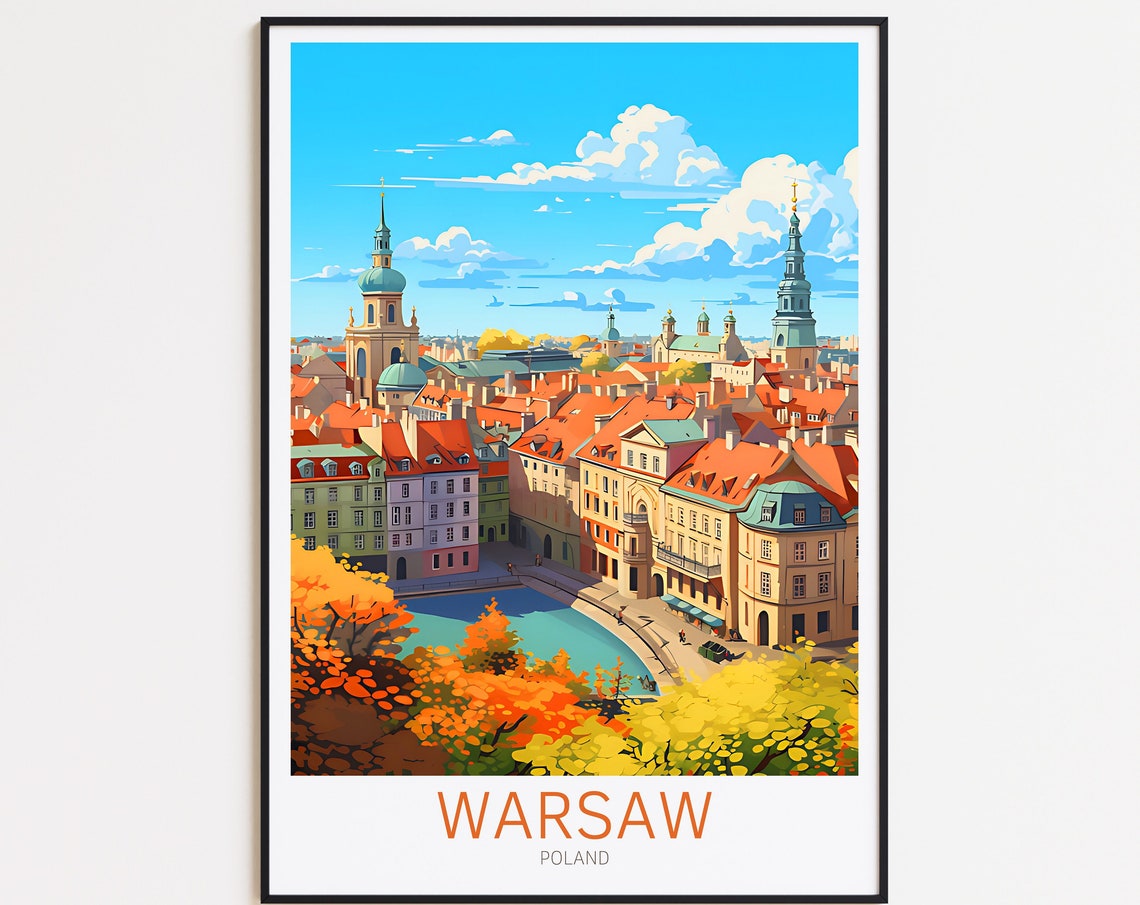 Warsaw Poland Old Town Church Towers Autumn Vintage Travel Poster