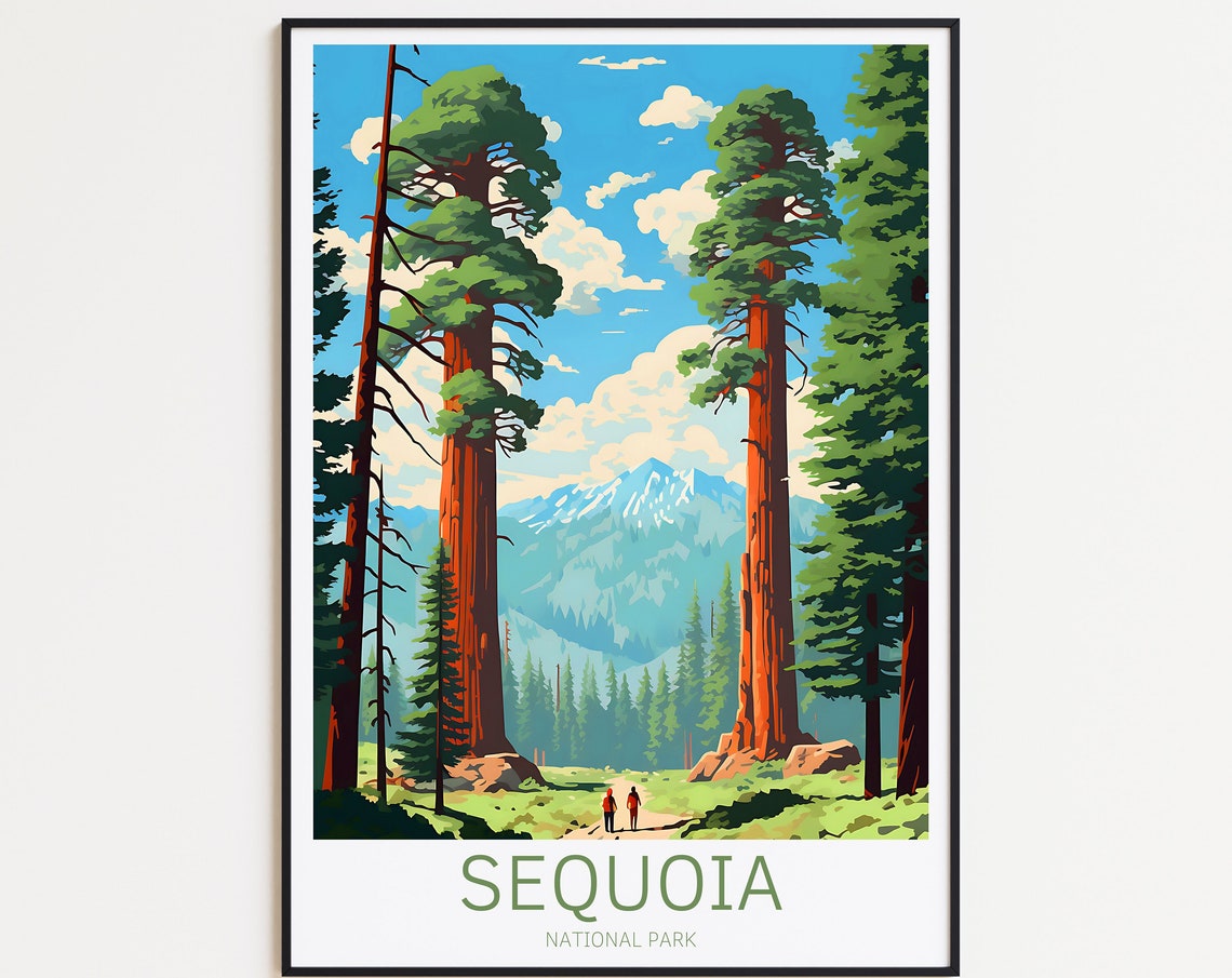 Sequoia National Park Giant Redwoods Hikers Vintage Travel Poster