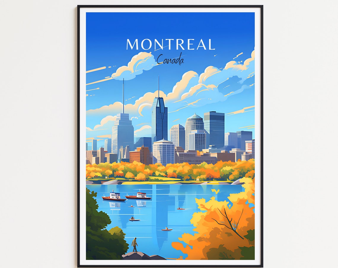 Montreal Canada Skyline Autumn River Boats Retro Travel Poster