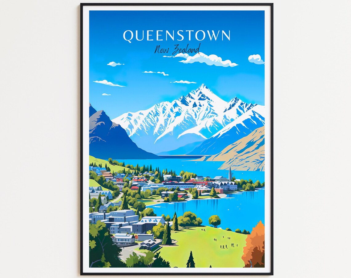 Queenstown New Zealand Lake Town Snowy Alpine Peaks Travel Poster