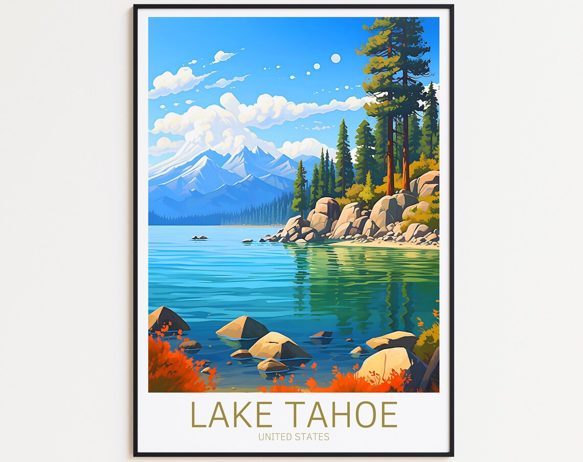 Lake Tahoe Vintage Travel Poster, Retro Landscape Print