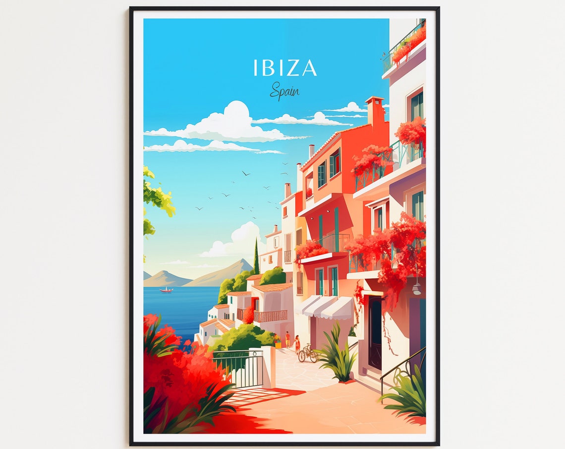 Ibiza Spain Bougainvillea Street Sea View Mediterranean Poster