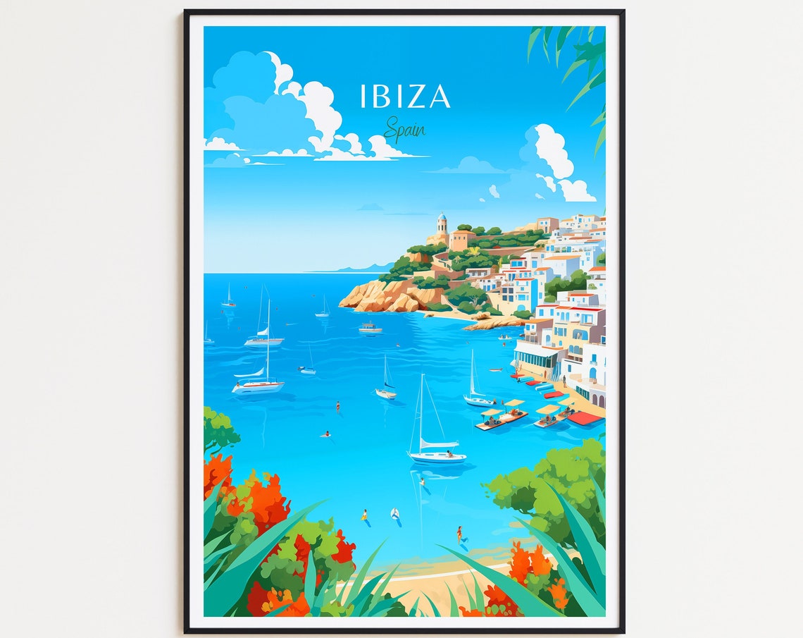 Ibiza Spain Turquoise Cove Sailboats Cliffs Beach Holiday Poster
